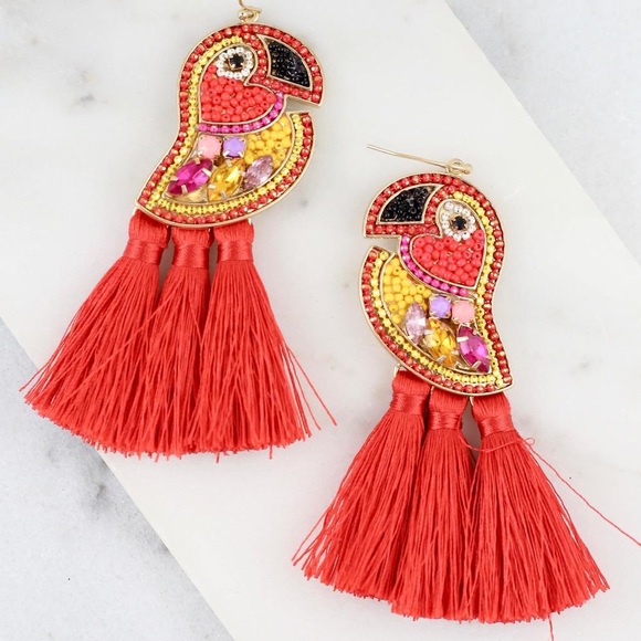 Jewelry - Embellished Toucan Earring With Fringe Tassels Red